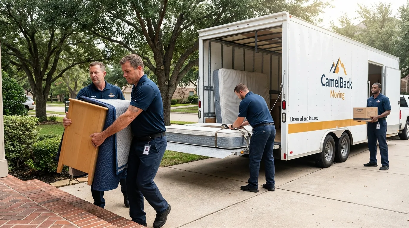 Crew loading residential truck for cross-state move from Devine, TX