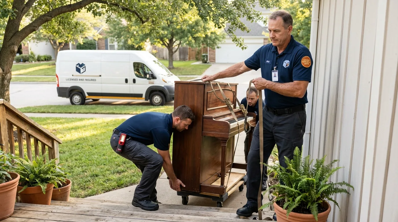 Licensed piano movers securing grand piano in Devine, TX