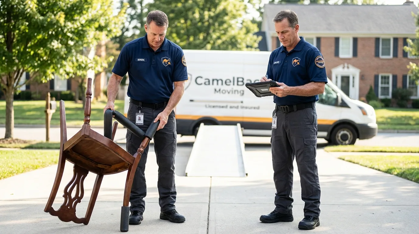 Movers inspecting furniture for damage prevention before loading in Devine, TX
