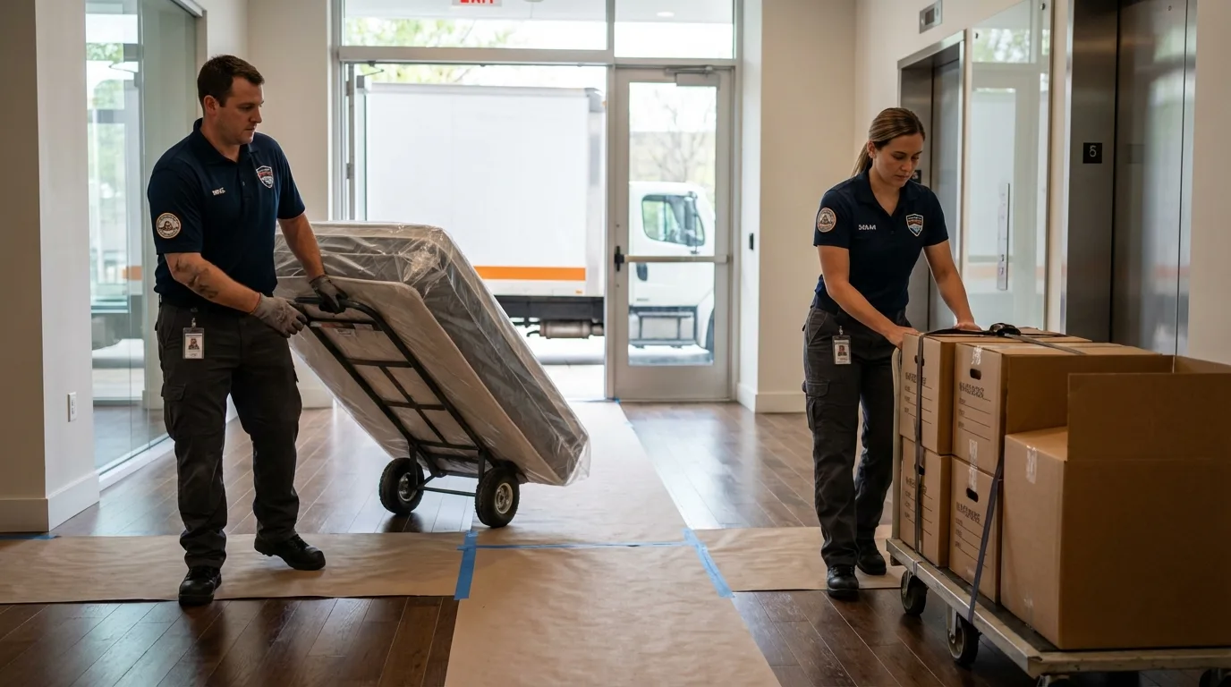 Professional apartment movers loading elevator in Devine, TX