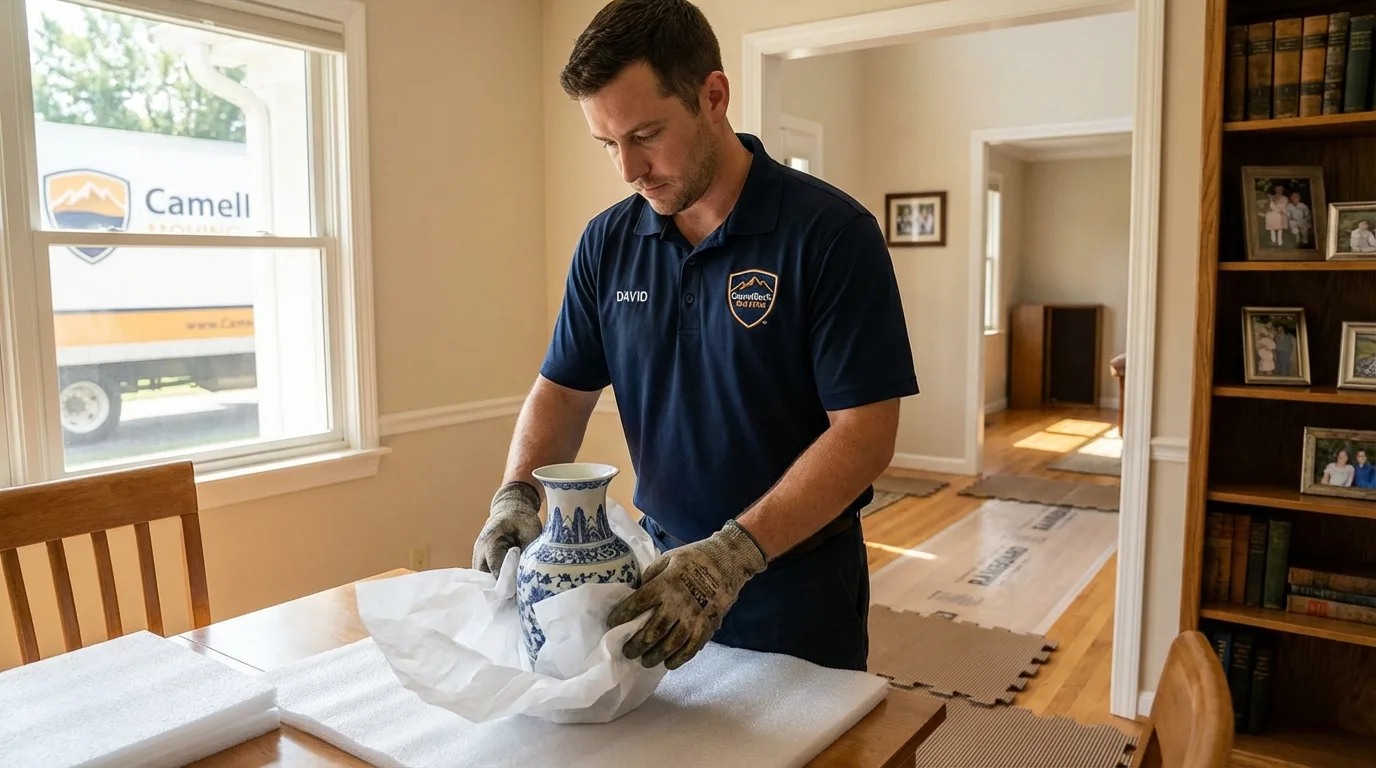 Professional crew carefully wrapping antique vase for senior downsizing move in Devine, TX
