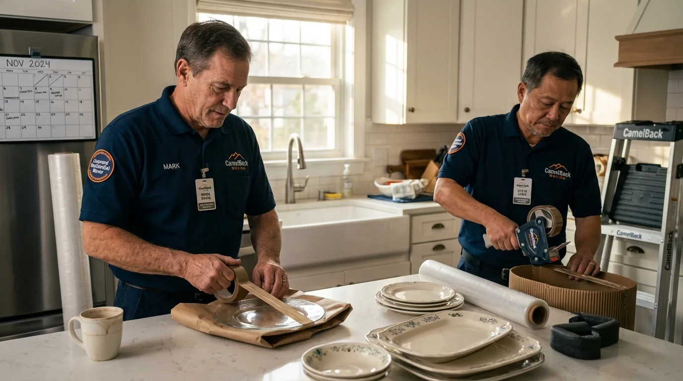 Professional crew packing kitchen dishware in Devine, TX